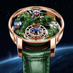 PINDU P6622 3D red dragon skeleton watch rose gold case black leather strap warm light