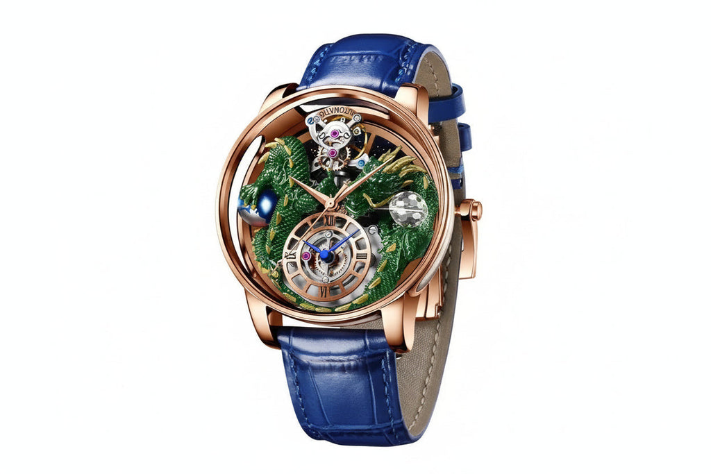 PINDU P6622 3D red dragon celestial watch rose gold case blue leather strap lifestyle
