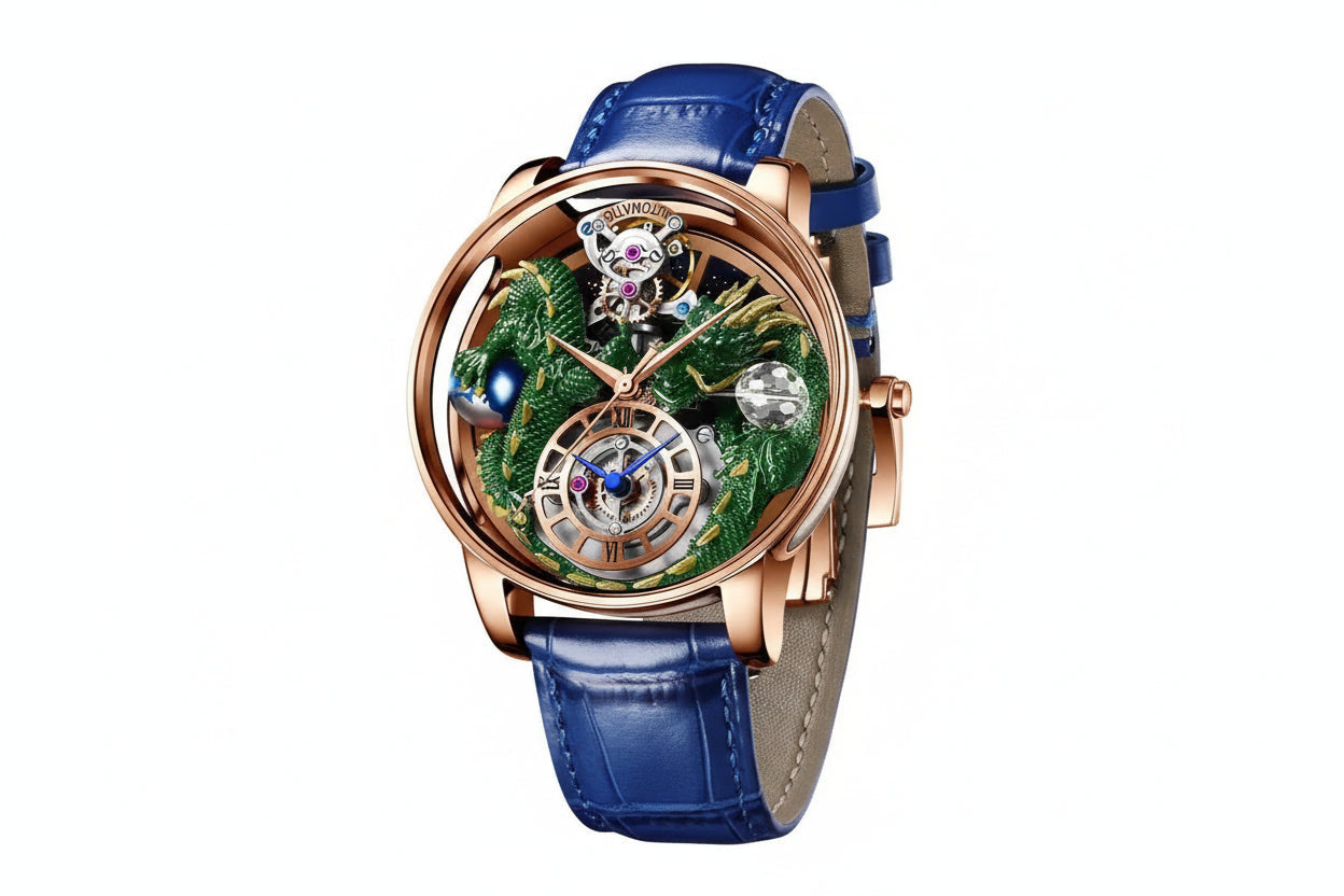 PINDU P6622 3D red dragon celestial watch rose gold case blue leather strap lifestyle