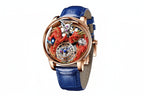 PINDU P6622 red dragon skeleton dial watch rose gold case blue leather strap