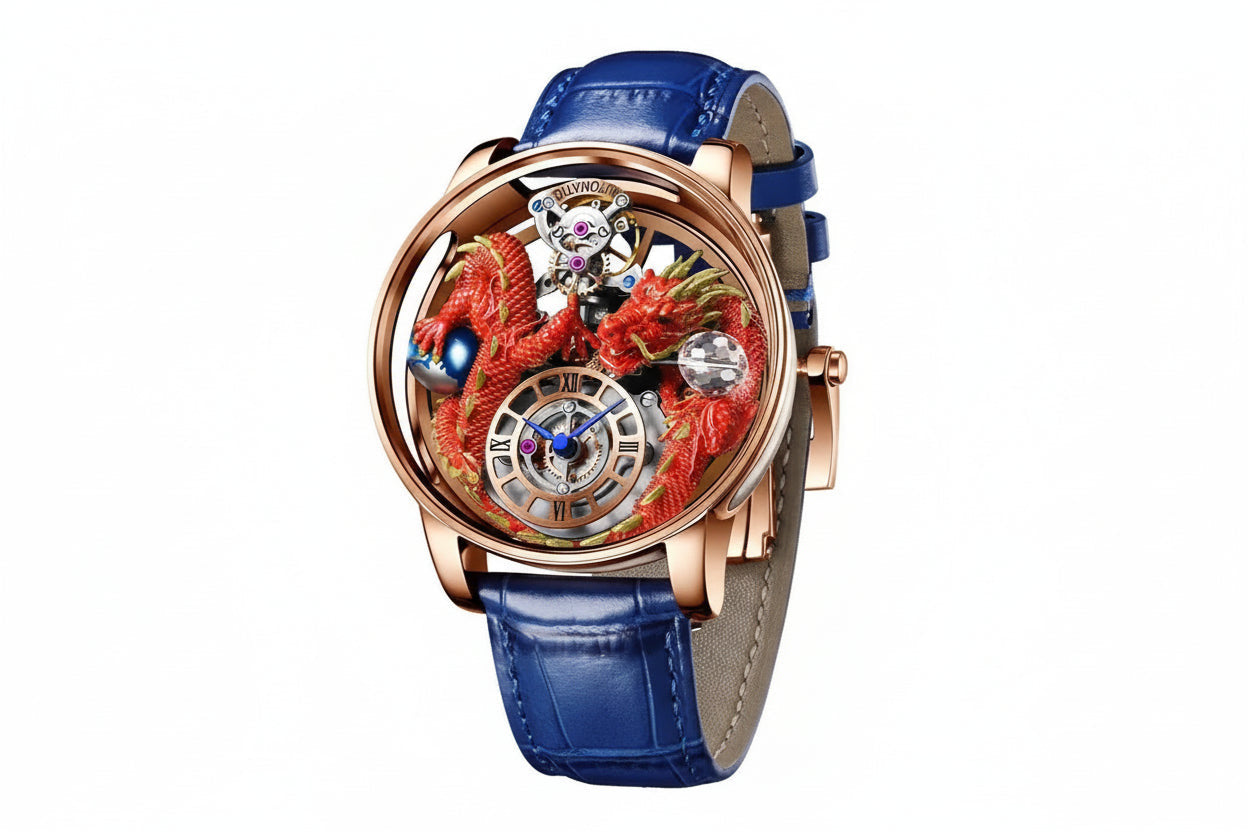 PINDU P6622 red dragon skeleton dial watch rose gold case blue leather strap