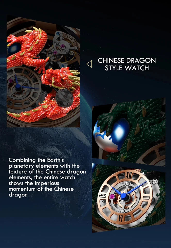 PINDU P6622 red dragon watch rose gold case rose gold mesh bracelet front view