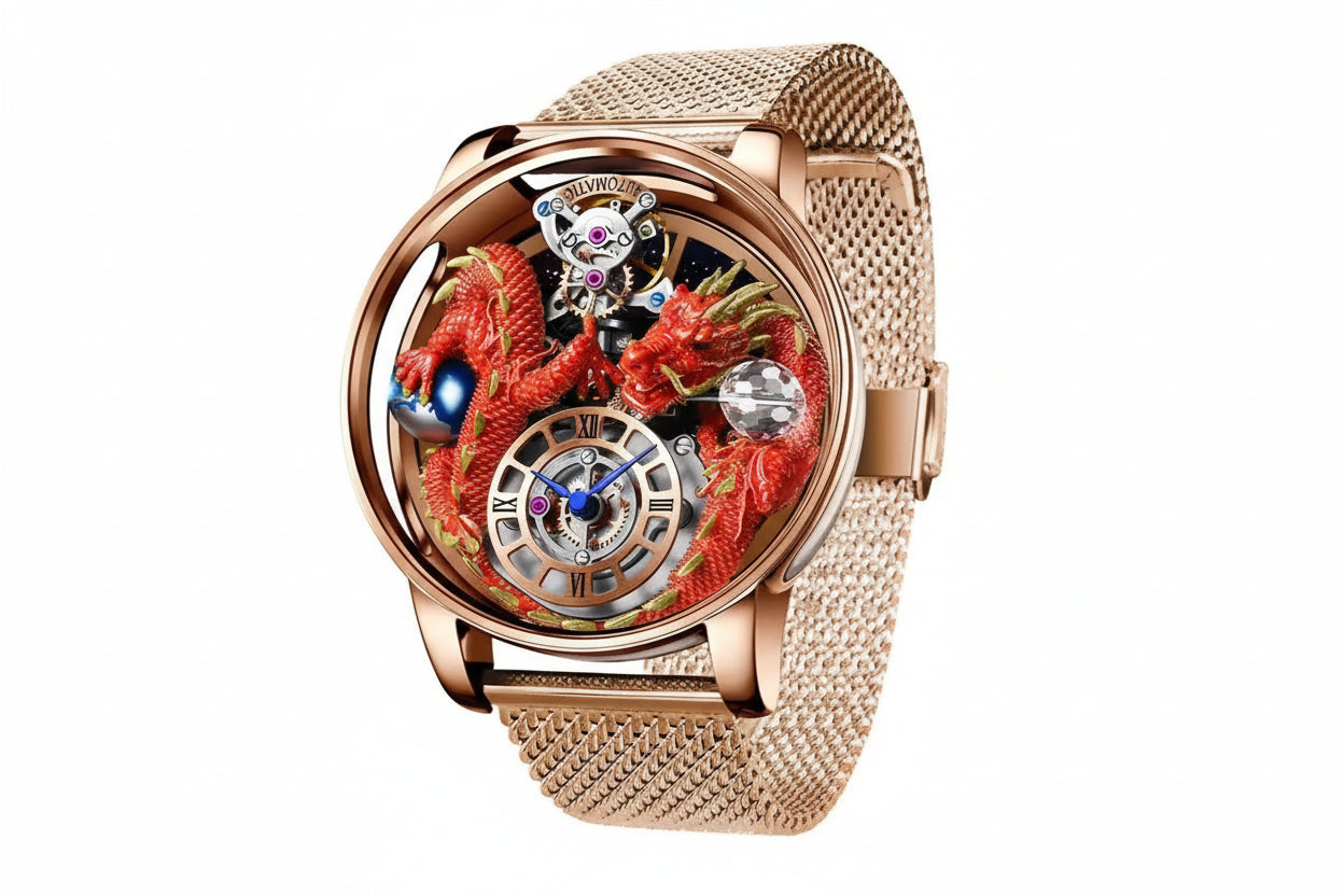 PINDU P6622 red dragon skeleton watch rose gold case rose gold mesh bracelet