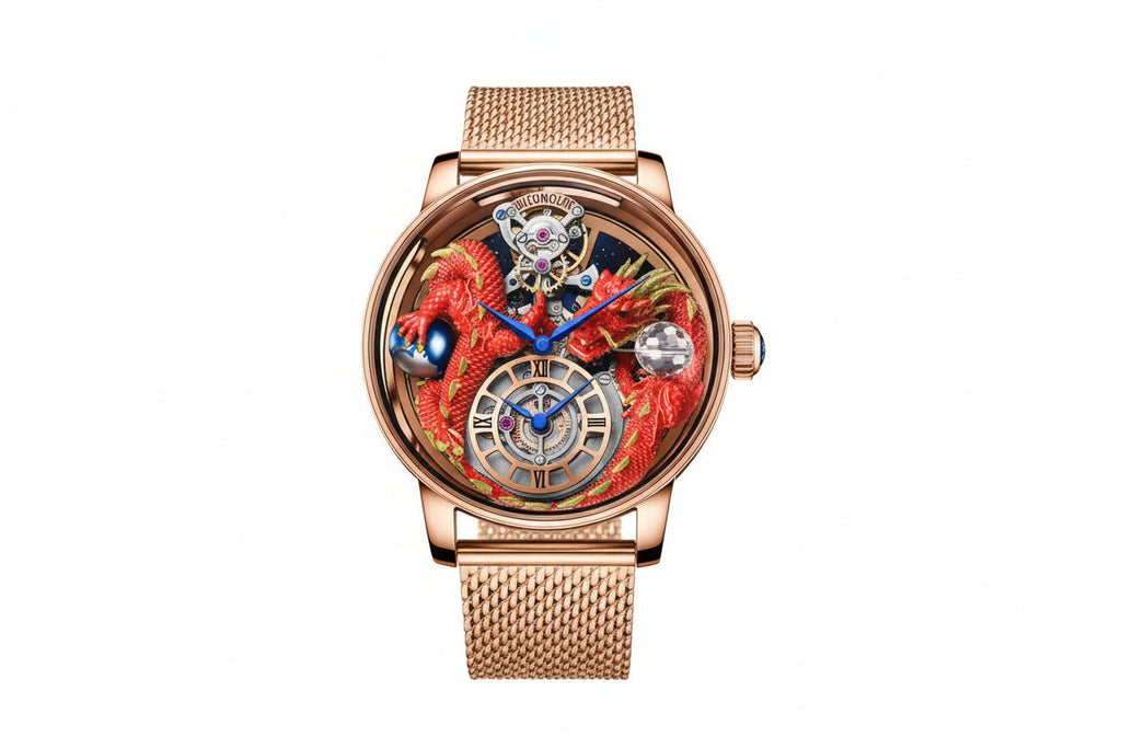 PINDU P6622 red dragon celestial watch rose gold case rose gold mesh bracelet white background