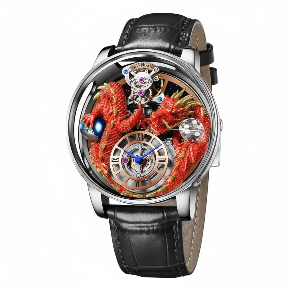 PINDU P6622 3D red dragon celestial watch silver steel case black leather strap