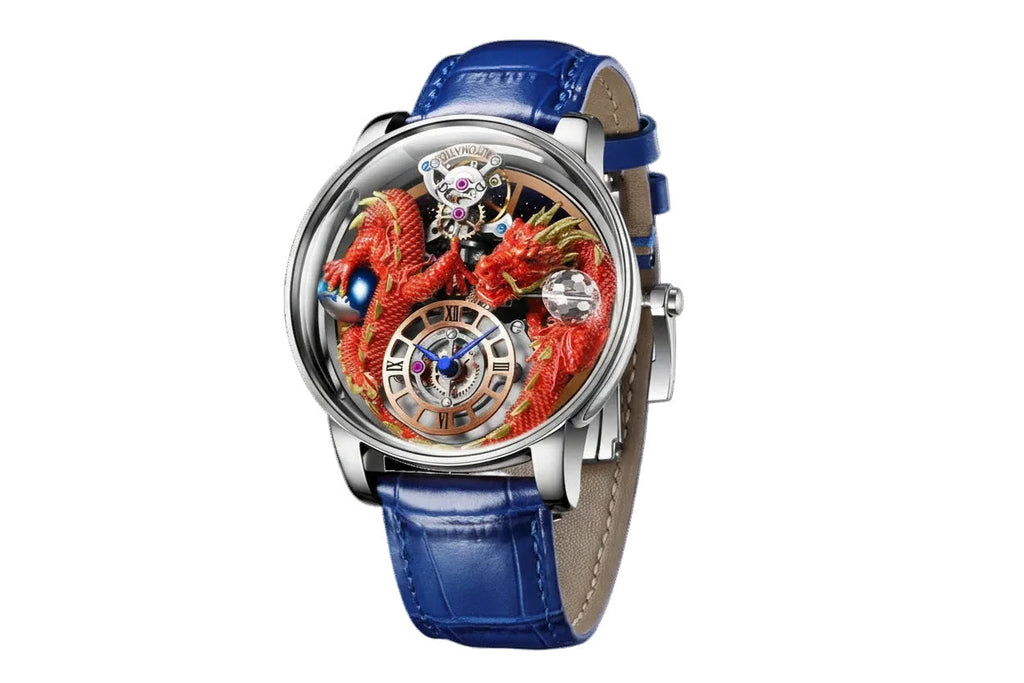 PINDU P6622 red dragon skeleton watch silver steel case blue leather strap