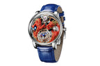 PINDU P6622 red dragon skeleton watch silver steel case blue leather strap