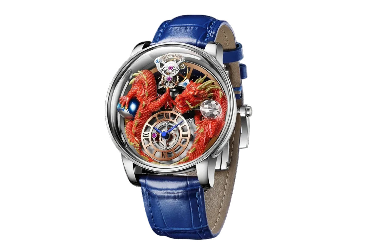 PINDU P6622 red dragon skeleton watch silver steel case blue leather strap