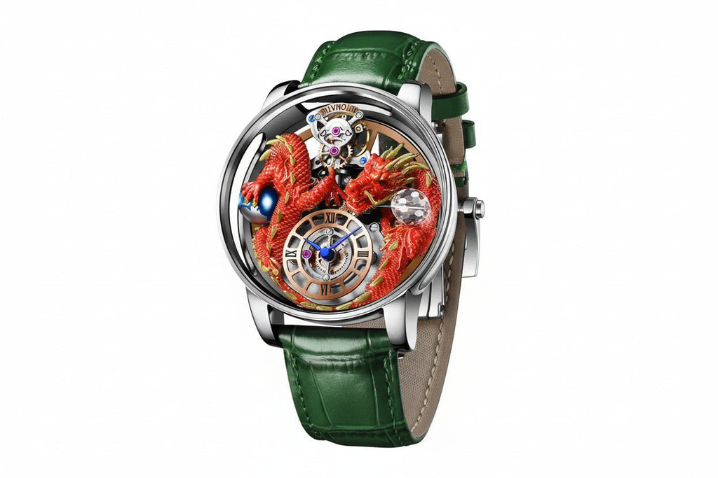 PINDU P6622 red dragon skeleton watch silver case green leather strap