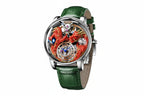PINDU P6622 red dragon skeleton watch silver case green leather strap