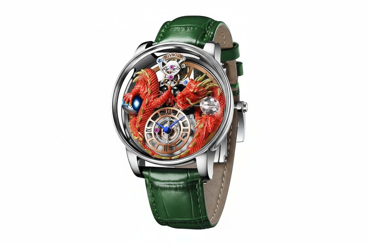 PINDU P6622 red dragon skeleton watch silver case green leather strap