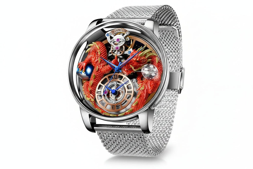 PINDU P6622 red dragon celestial watch silver case silver mesh bracelet