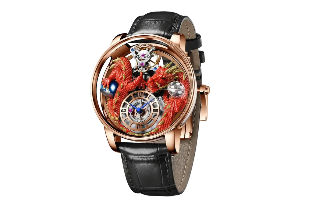 PINDU P6622 red dragon celestial watch on wrist rose gold case black leather strap