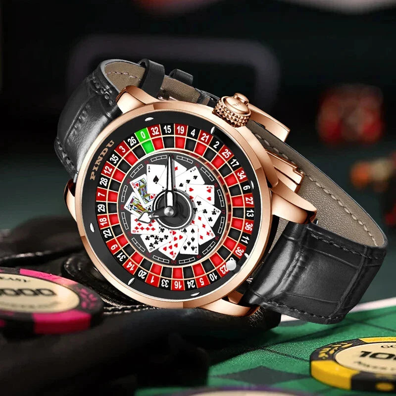 PINDU P6626 Poker Roulette Watch - NH35A on Casino Table Rose Gold Black Leather