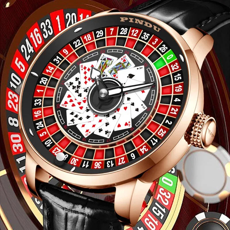 PINDU P6626 Poker Roulette Watch - NH35A Dial Close-Up Rose Gold Case Black Strap