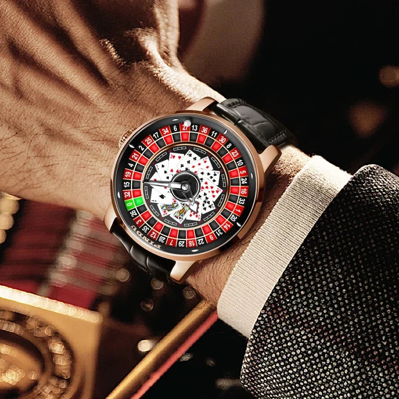 PINDU P6626 Poker Roulette Watch - NH35A Lifestyle Shot Rose Gold Black Leather Strap