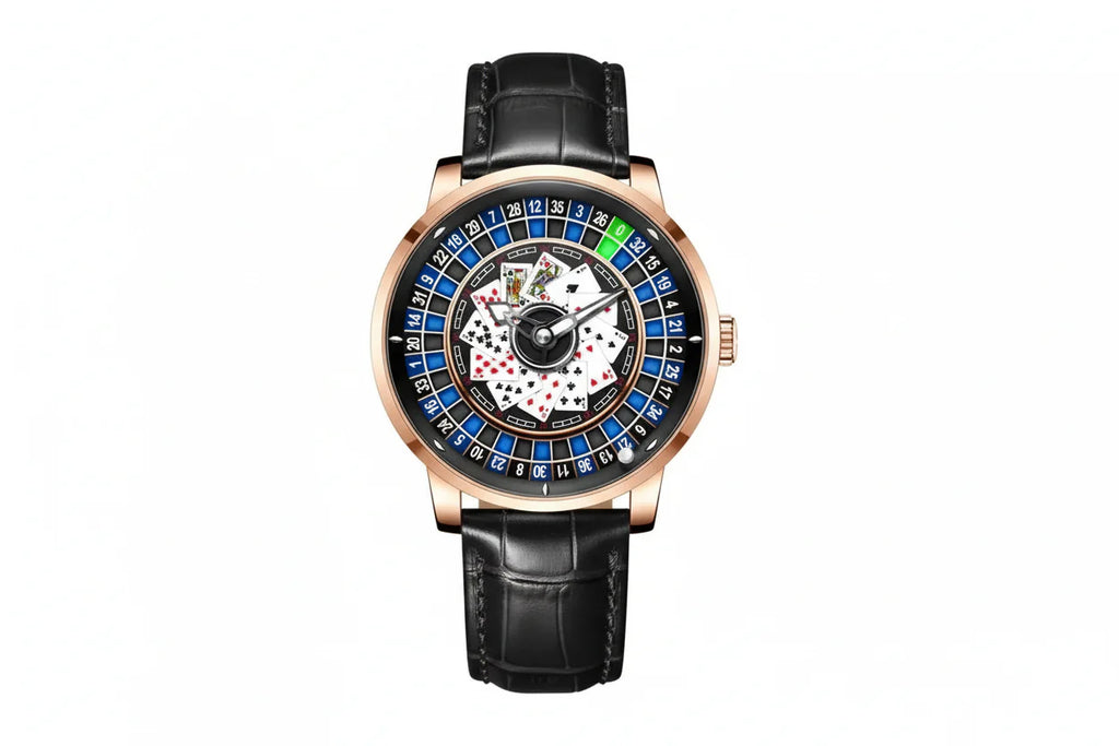 PINDU P6626 Poker Roulette Watch - NH35A Automatic Rose Gold Black Strap Blue Dial