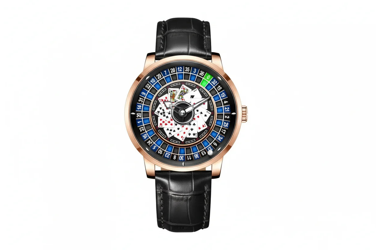 PINDU P6626 Poker Roulette Watch - NH35A Automatic Rose Gold Black Strap Blue Dial