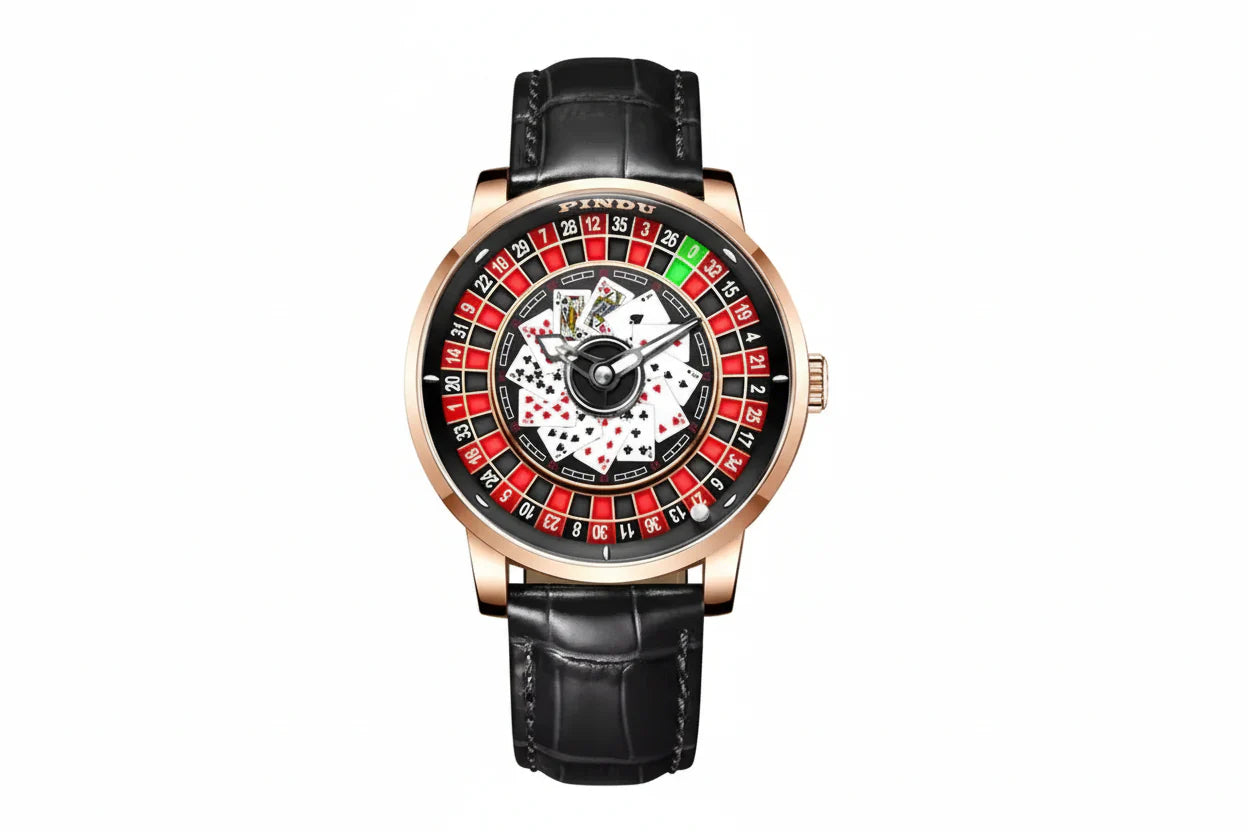 PINDU P6626 Poker Roulette Watch - NH35A Automatic Rose Gold Black Leather Strap