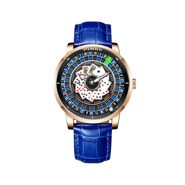 PINDU P6626 Poker Roulette Watch - NH35A Automatic Rose Gold Blue Leather Strap