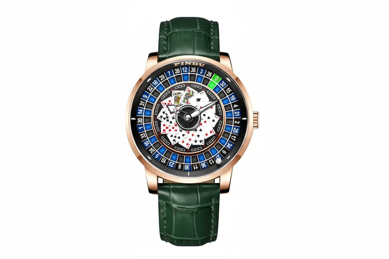 PINDU P6626 Poker Roulette Watch - NH35A Automatic Rose Gold Green Leather Strap Front