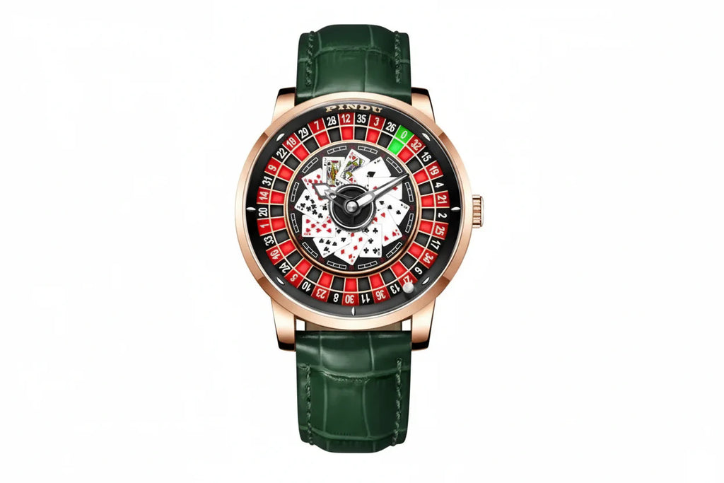 PINDU P6626 Poker Roulette Watch - NH35A Automatic Rose Gold Green Leather Strap