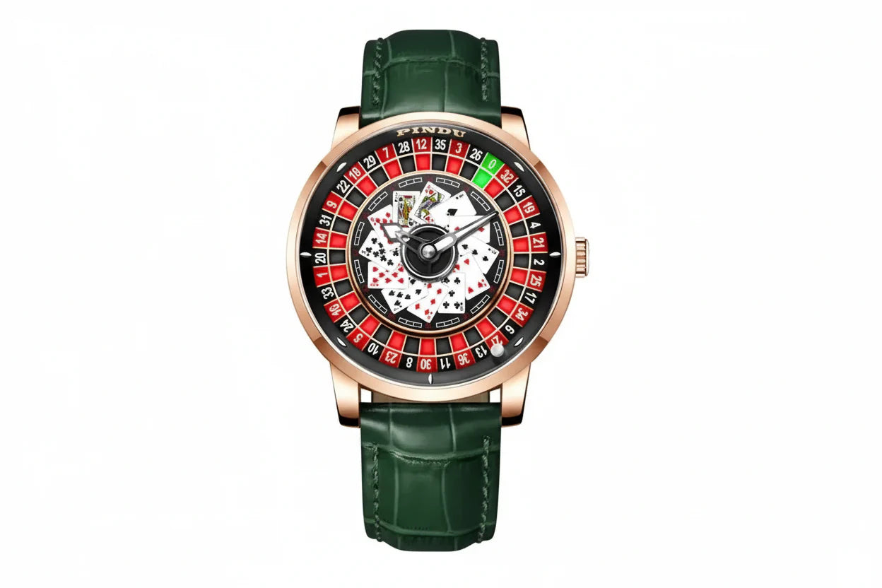 PINDU P6626 Poker Roulette Watch - NH35A Automatic Rose Gold Green Leather Strap