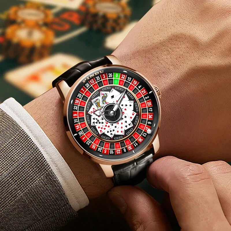 PINDU P6626 Poker Roulette Watch - NH35A Wrist Shot Rose Gold Case Black Leather