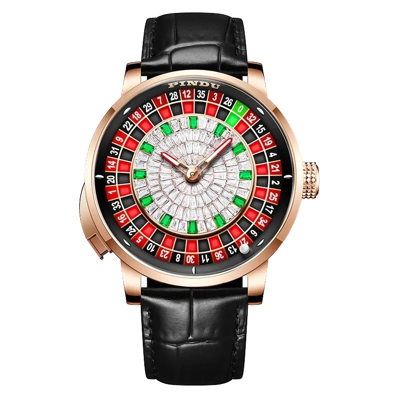 PINDU P6628 casino roulette watch rose gold case black leather strap