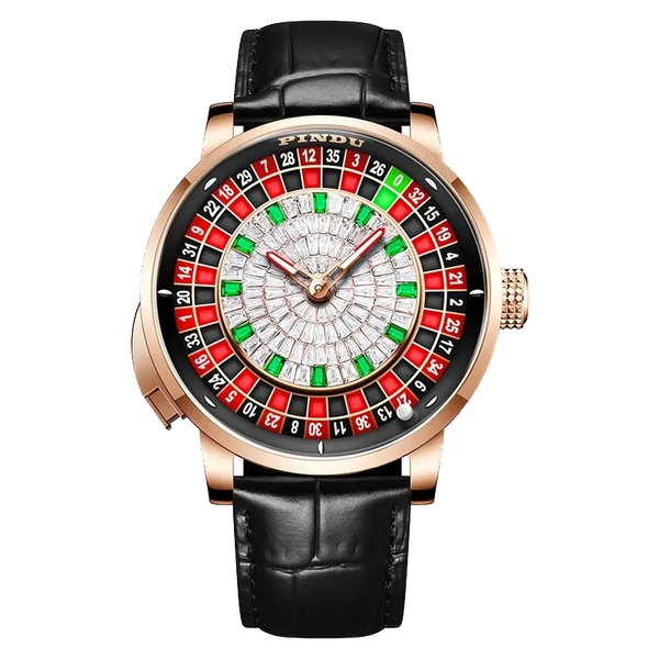 PINDU P6628 casino roulette watch rose gold case black leather strap