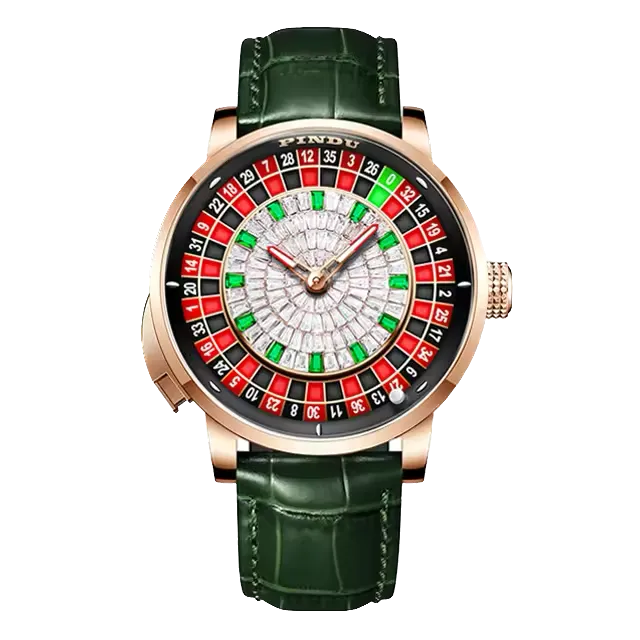 PINDU P6628 casino roulette watch rose gold case green leather strap