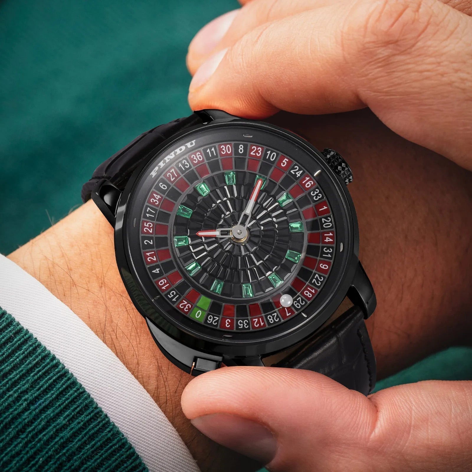 PINDU P6628 NH35A Casino Tourbillon Rotating Roulette watch detail lifestyle shot