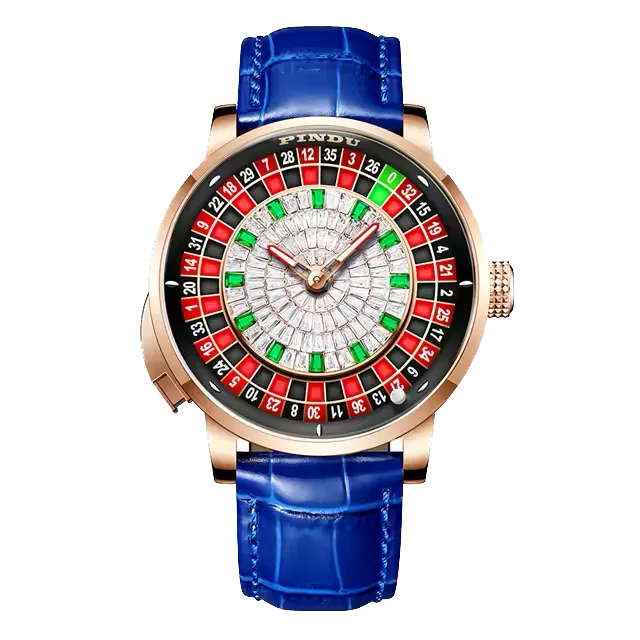PINDU P6628 crystal roulette watch rose gold case blue leather strap