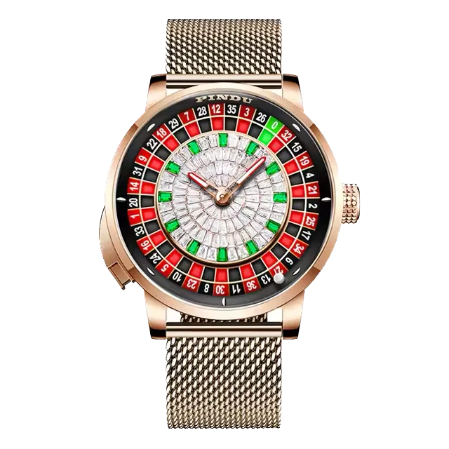 PINDU P6628 crystal roulette watch rose gold case green leather strap
