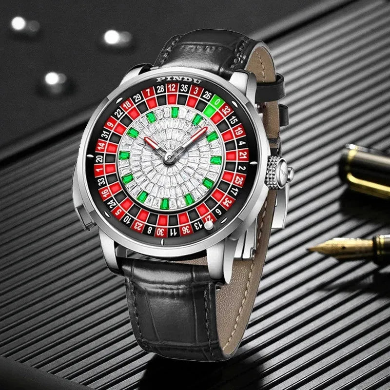 PINDU P6628 diamond crystal roulette watch silver case black leather desk lifestyle