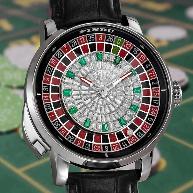 PINDU P6628 diamond crystal roulette watch silver case black leather lifestyle