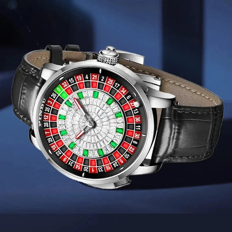 PINDU P6628 crystal roulette watch silver case black leather side profile crown detail