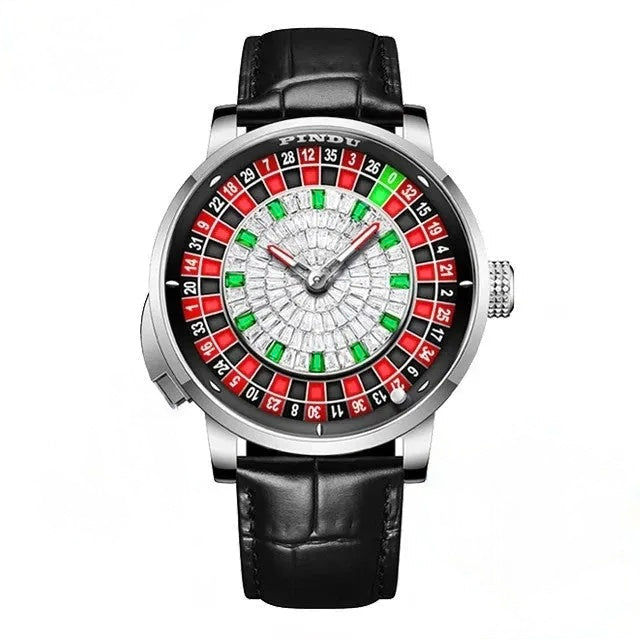 PINDU P6628 diamond crystal roulette watch silver steel case black leather strap
