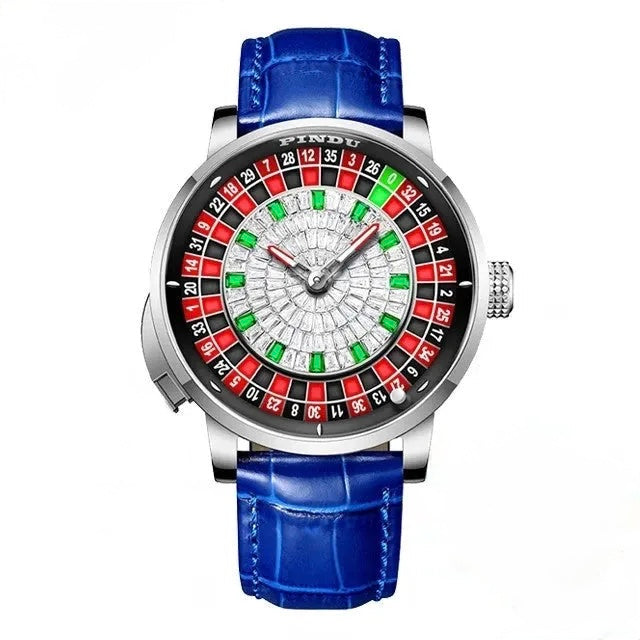 PINDU P6628 diamond crystal roulette watch silver case blue leather strap