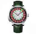 PINDU P6628 crystal roulette watch silver case green leather strap front view