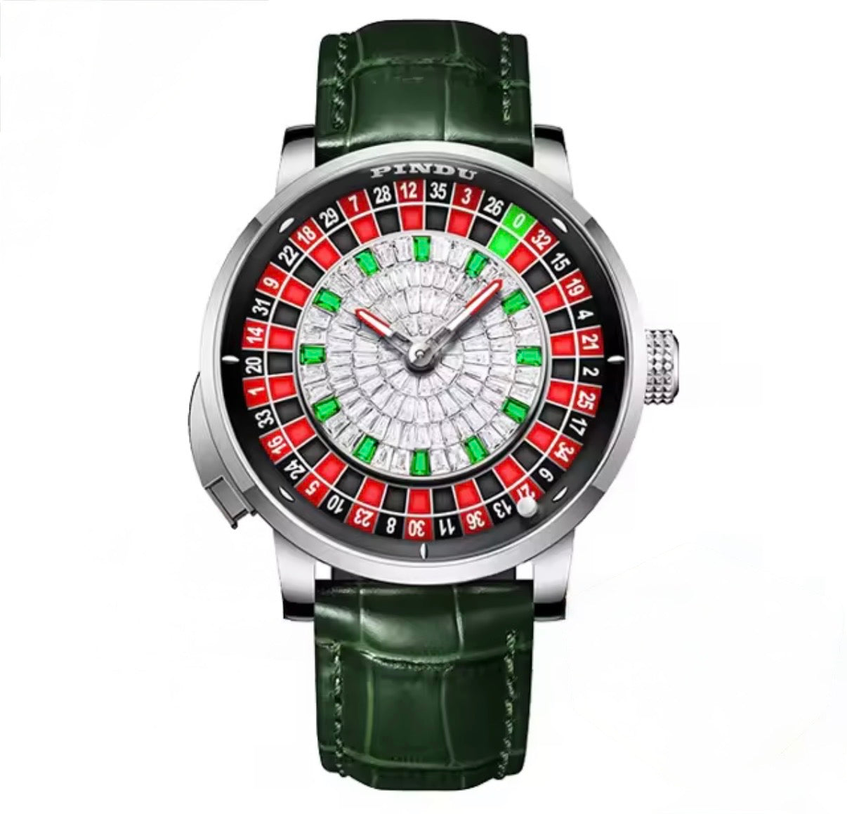 PINDU P6628 crystal roulette watch silver case green leather strap front view