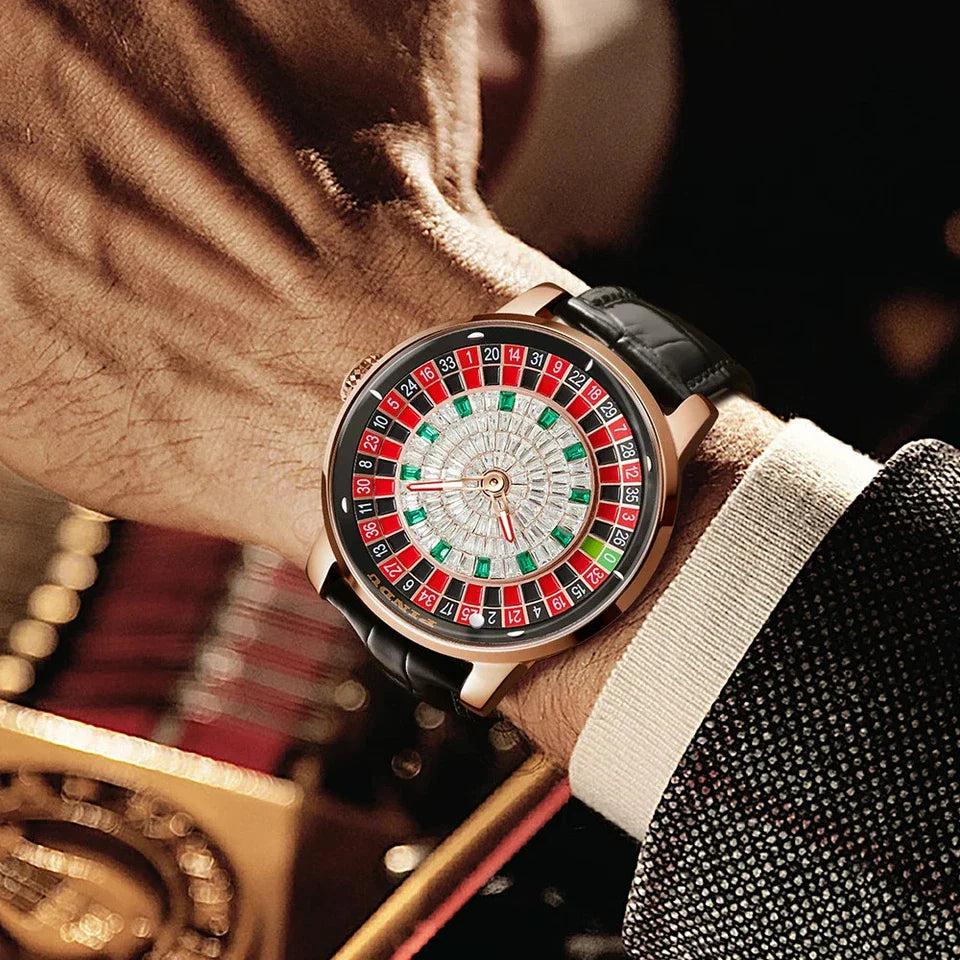 PINDU P6628 crystal roulette watch on wrist rose gold case black leather casino setting