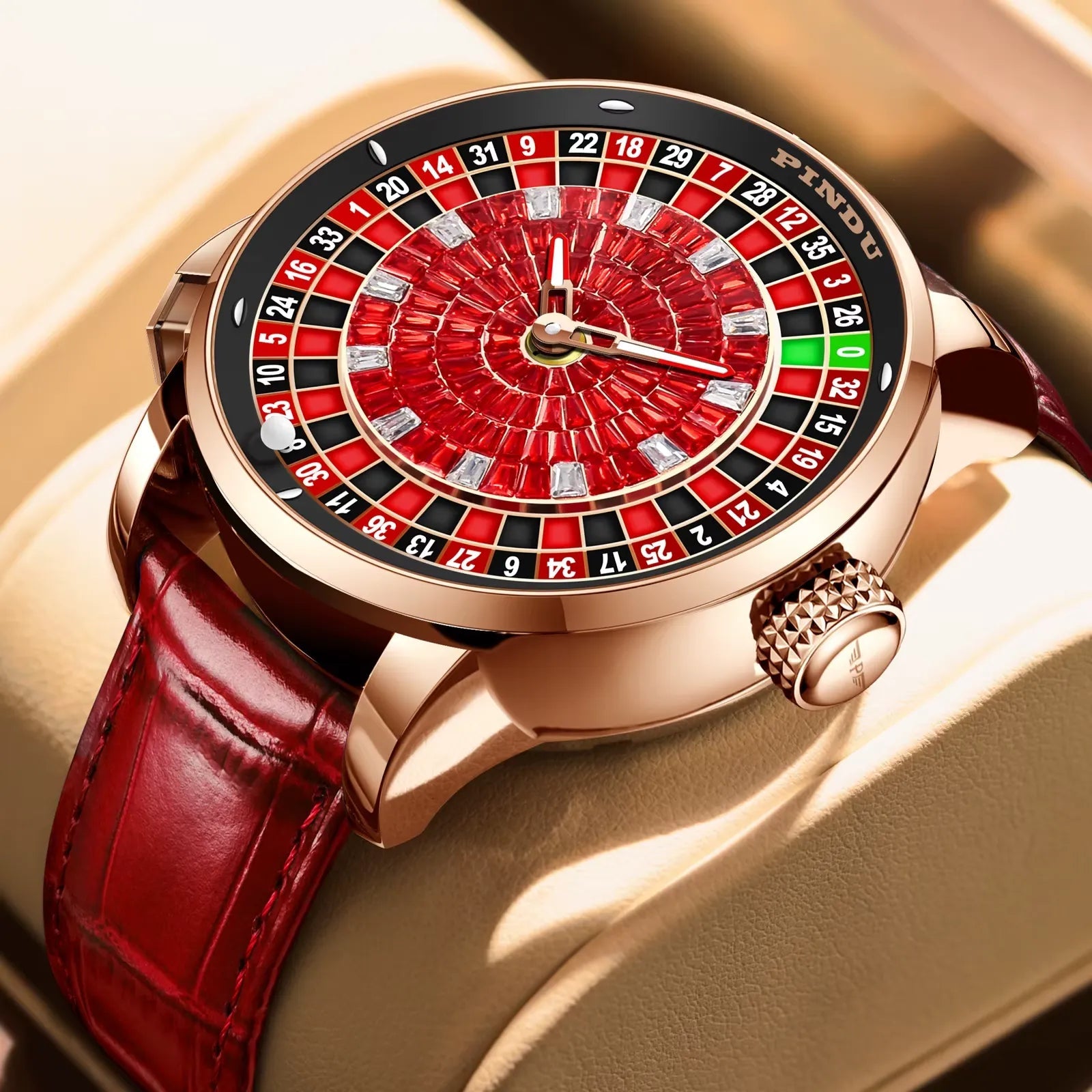 PINDU P6628 red diamond roulette watch display box angled view rose gold case