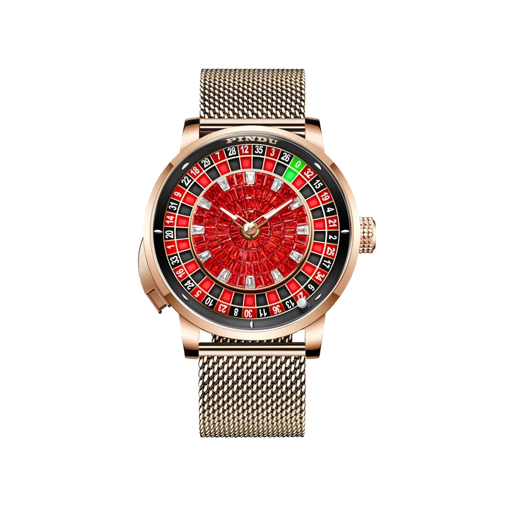 PINDU P6628 red crystal roulette watch rose gold case rose gold mesh bracelet
