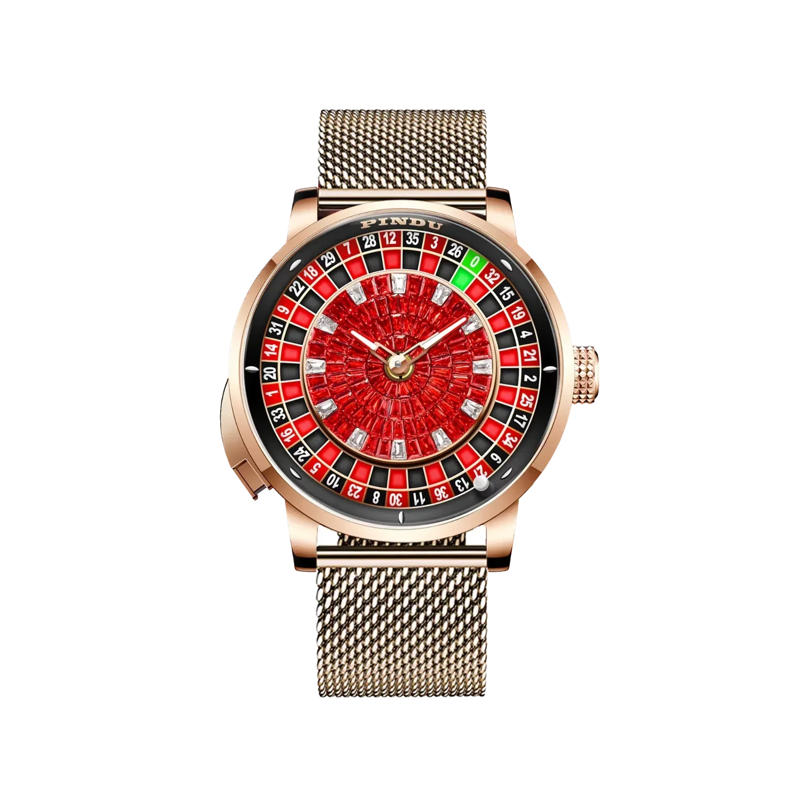 PINDU P6628 red crystal roulette watch rose gold case rose gold mesh bracelet
