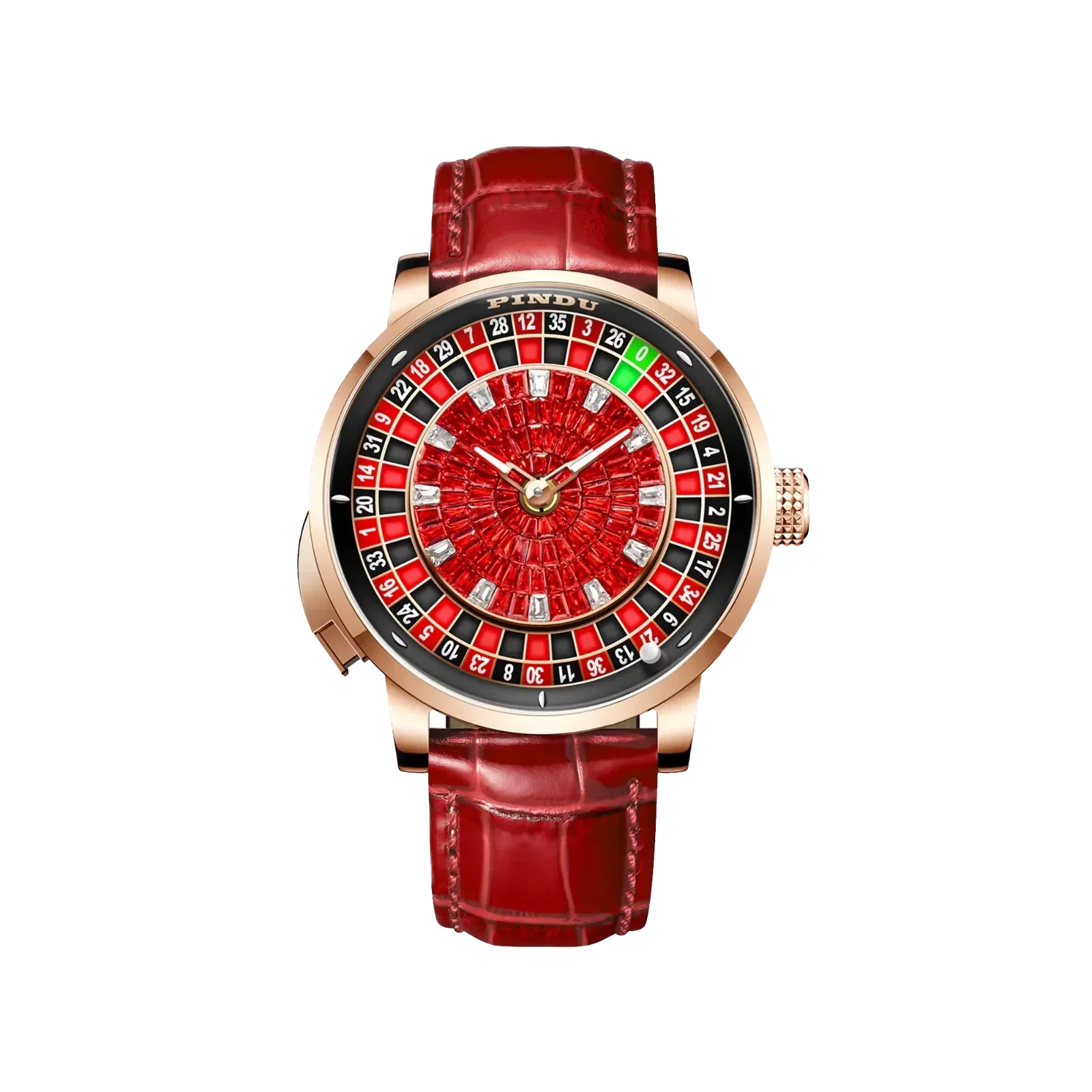 PINDU P6628 red diamond roulette watch rose gold case red leather strap