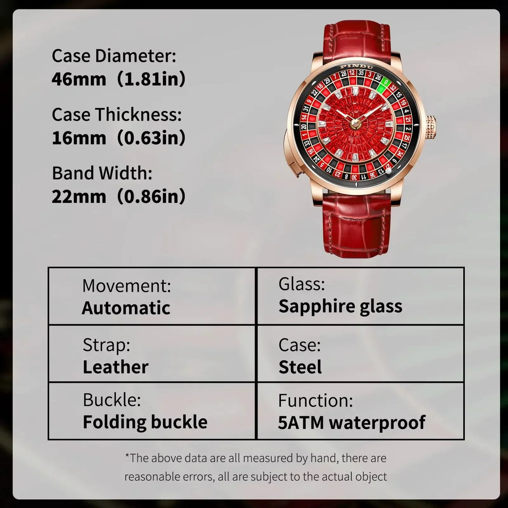 PINDU P6628 red diamond roulette watch specs 46mm automatic sapphire glass 5ATM