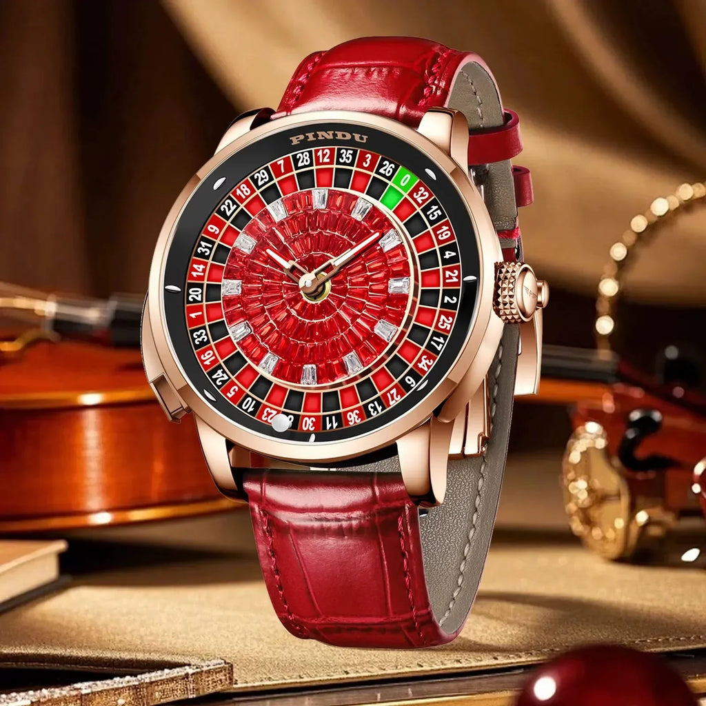 PINDU P6628 red crystal roulette watch lifestyle violin music setting rose gold
