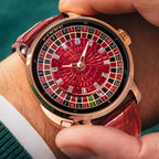 PINDU P6628 red roulette watch on wrist casino green felt table rose gold