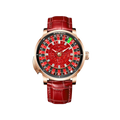 PINDU P6628 roulette automatic watch rose gold case red quilted leather strap roulette wheel dial red background numbered sections white hour markers rose gold hands front view